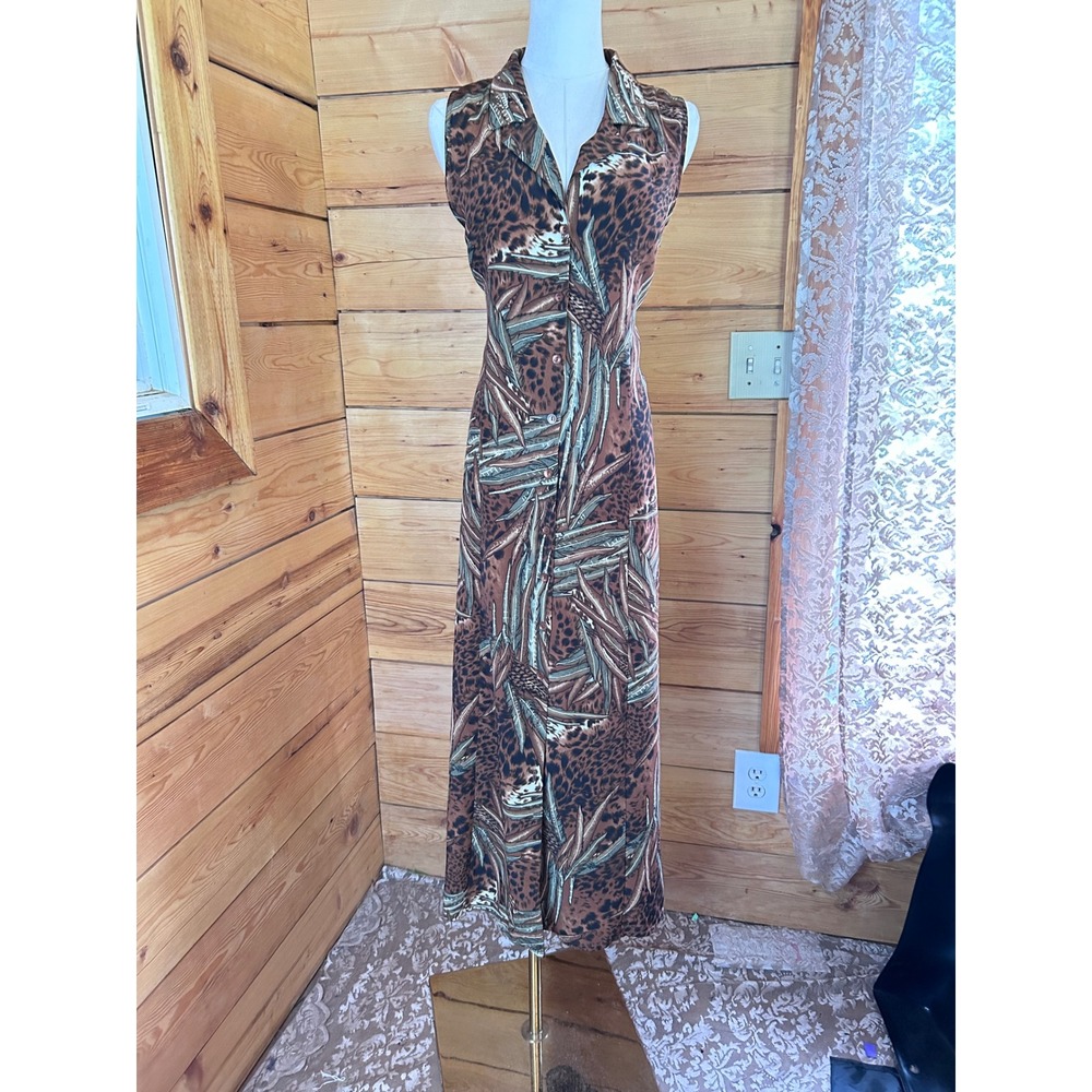 Vintage Maxi Dress Size 14 Brown Leopard Palm Leaf East West Fashions Retro 90's
